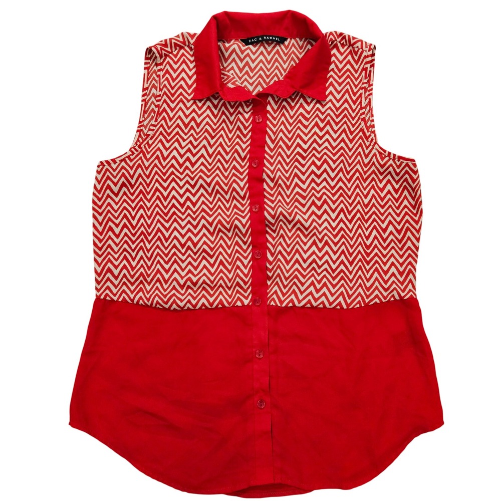 Zac & Rachel Womens Red White Chevron Sleeveless Button Down Blouse Top Size M